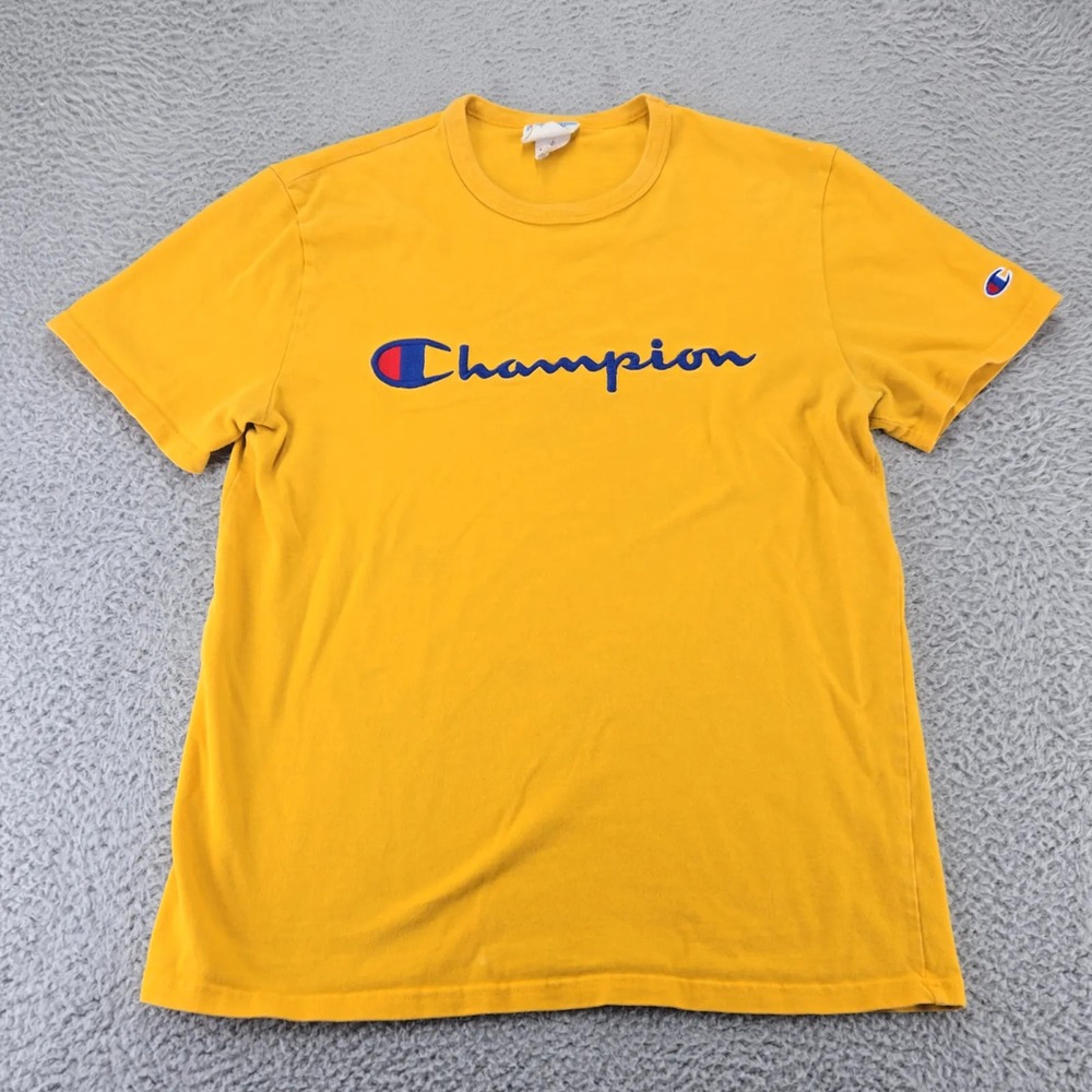 Champion‎ T-Shirt Mens Medium Yellow script logo crewneck short sleeve